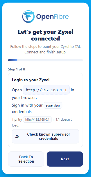 My Home Telecom App - select my router steps screen